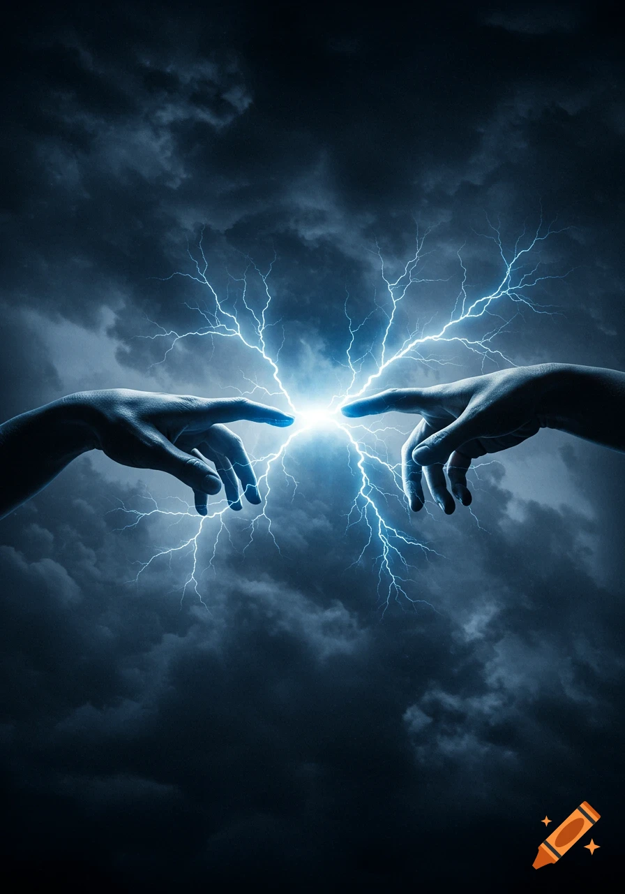 Two hands reaching towards each other, connected by a bright blue electric spark, set against a dramatic, dark stormy sky.
