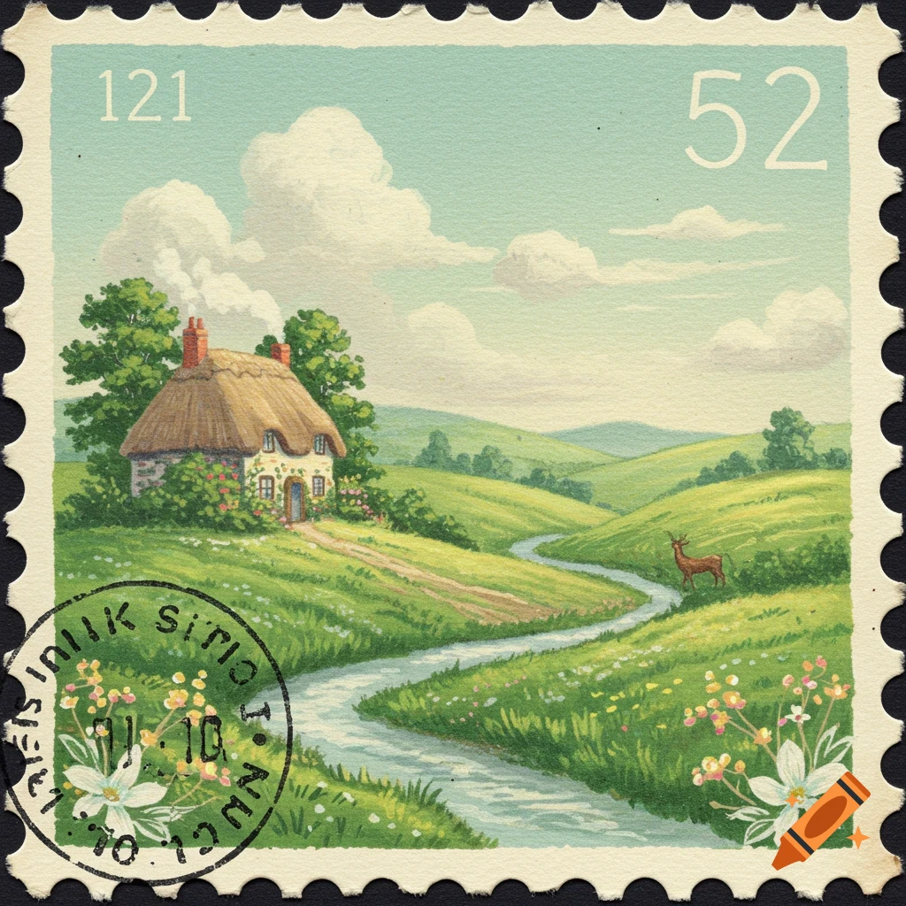 An old-fashioned postage stamp featuring a watercolor illustration of a countryside landscape with a thatched cottage, winding river, a deer, and flowers.