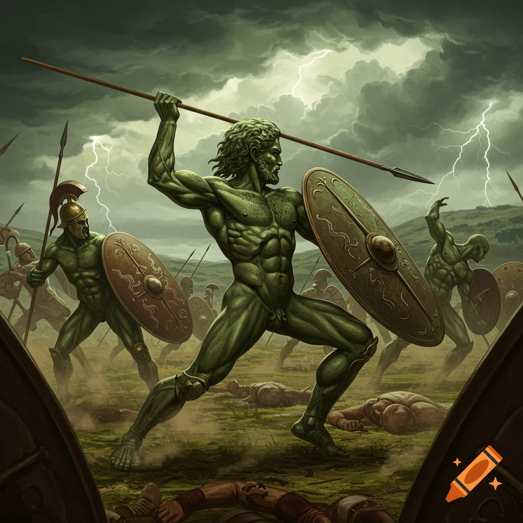 Green-skinned, muscular warriors battle under a stormy, lightning-filled sky. A warrior in the foreground lunges with a spear and shield.