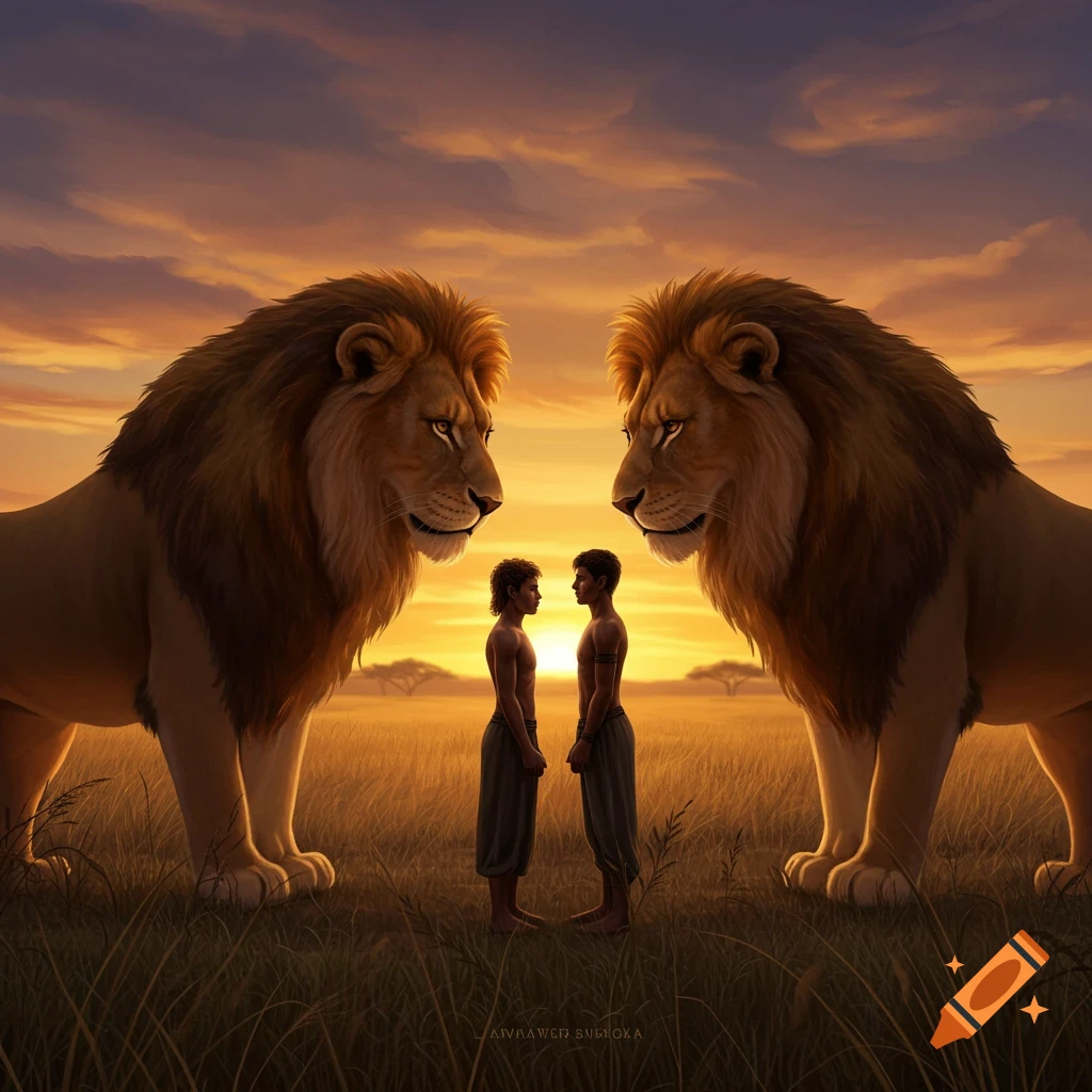 Two men stand facing each other between two massive lions in a golden savanna at sunset, depicted in an epic, illustrative style.