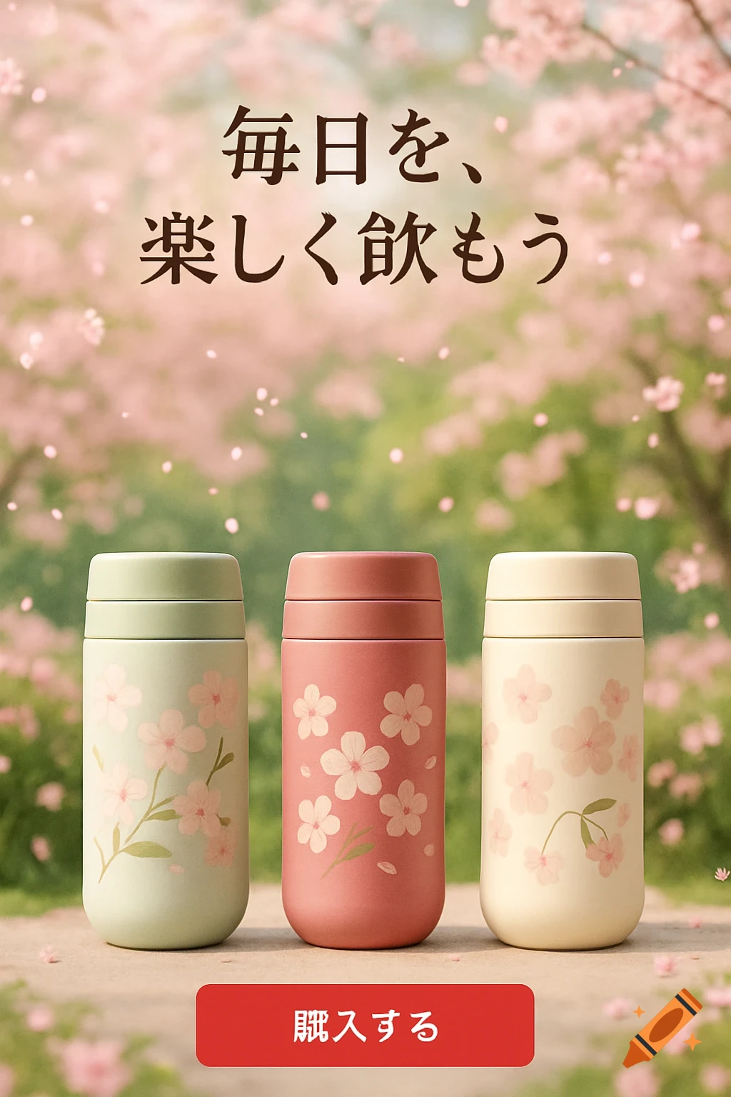 Three pastel-colored thermos bottles with cherry blossom designs, standing on a path with a blurred background of pink cherry blossoms and green foliage. Japanese text is visible above the bottles and on a red button at the bottom.