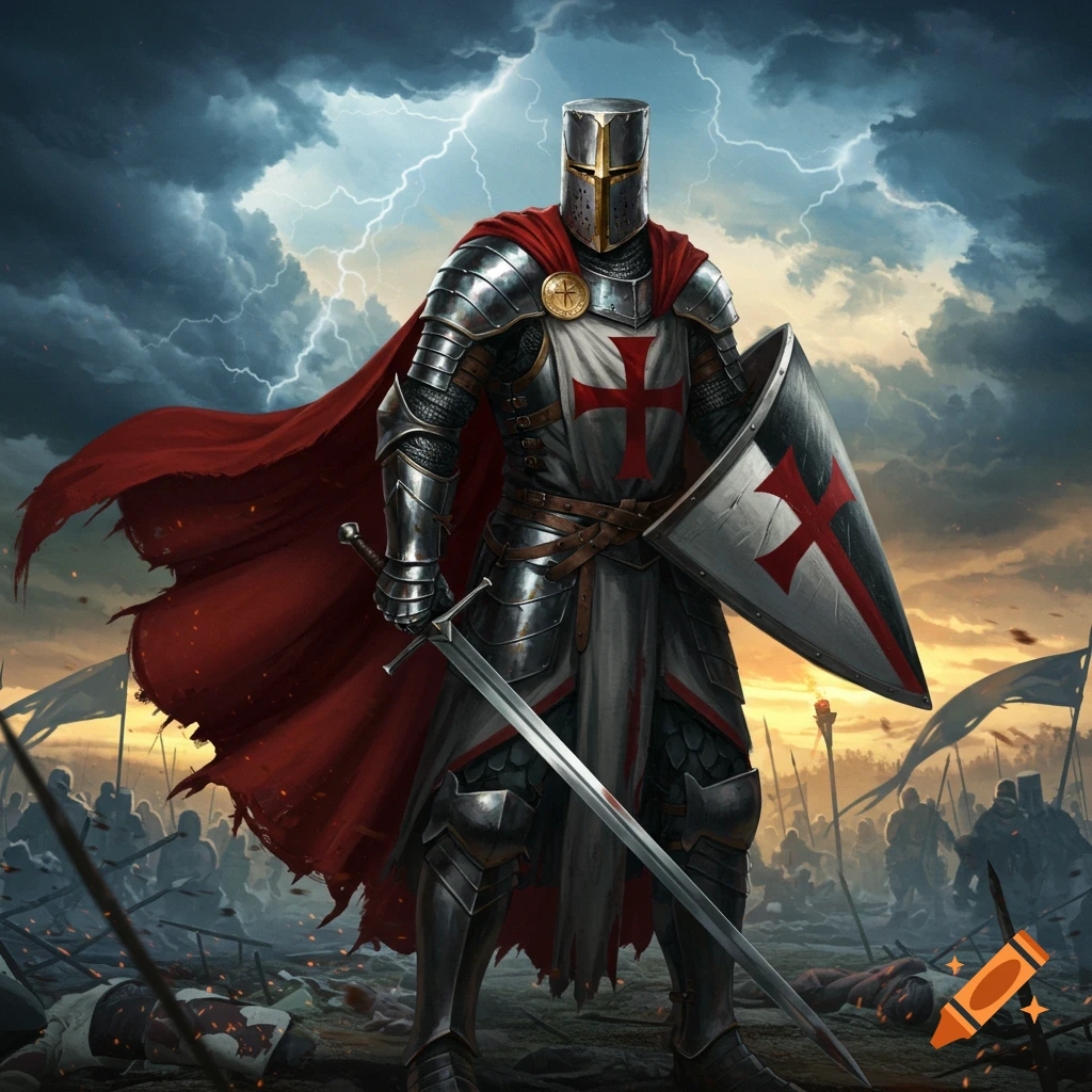 A knight in shining armor with a red cross on his tunic and shield stands on a battlefield under a stormy, lightning-filled sky.