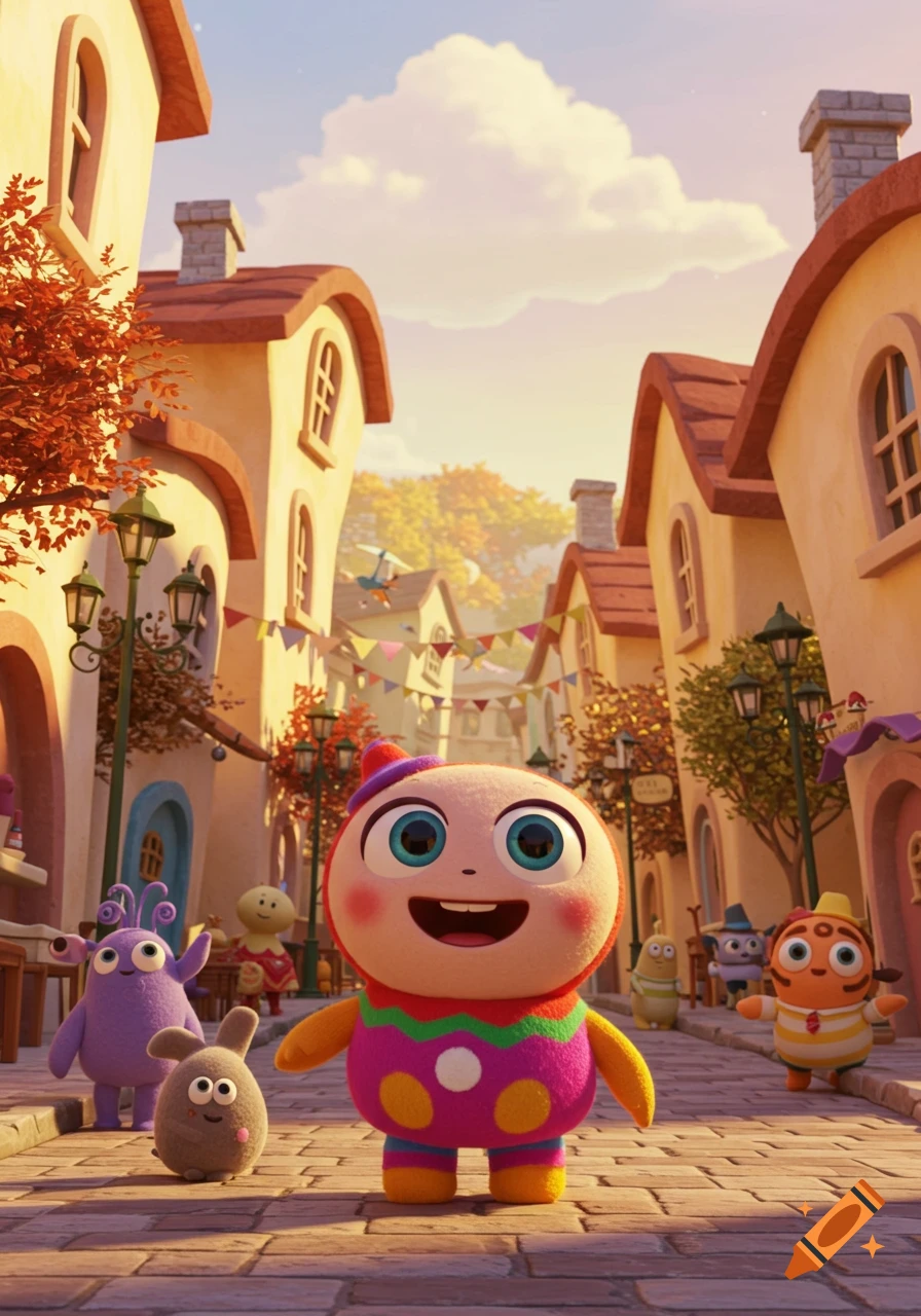 Cute, colorful cartoon characters smile in a charming, autumn-themed 3D animated village street.