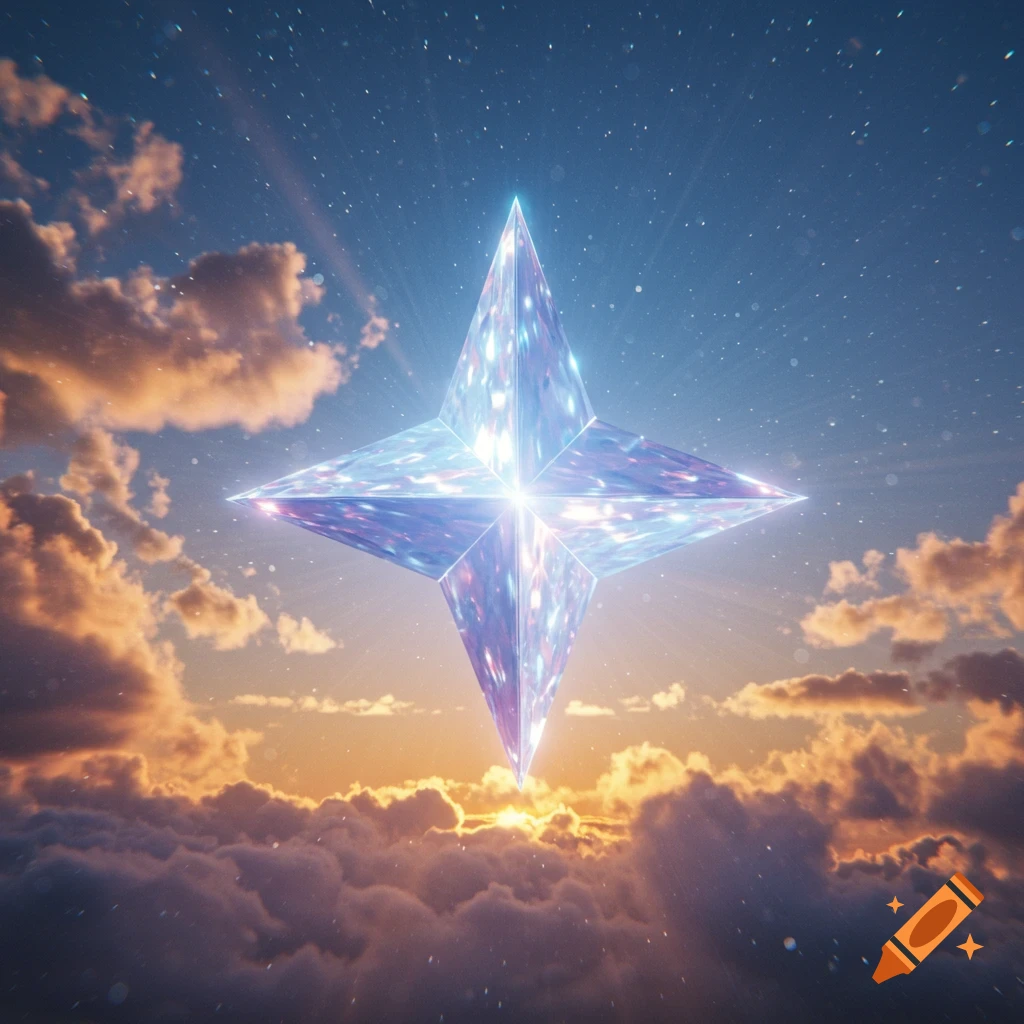 A shimmering, iridescent four-pointed star floats in a vibrant sky with scattered clouds and distant stars.