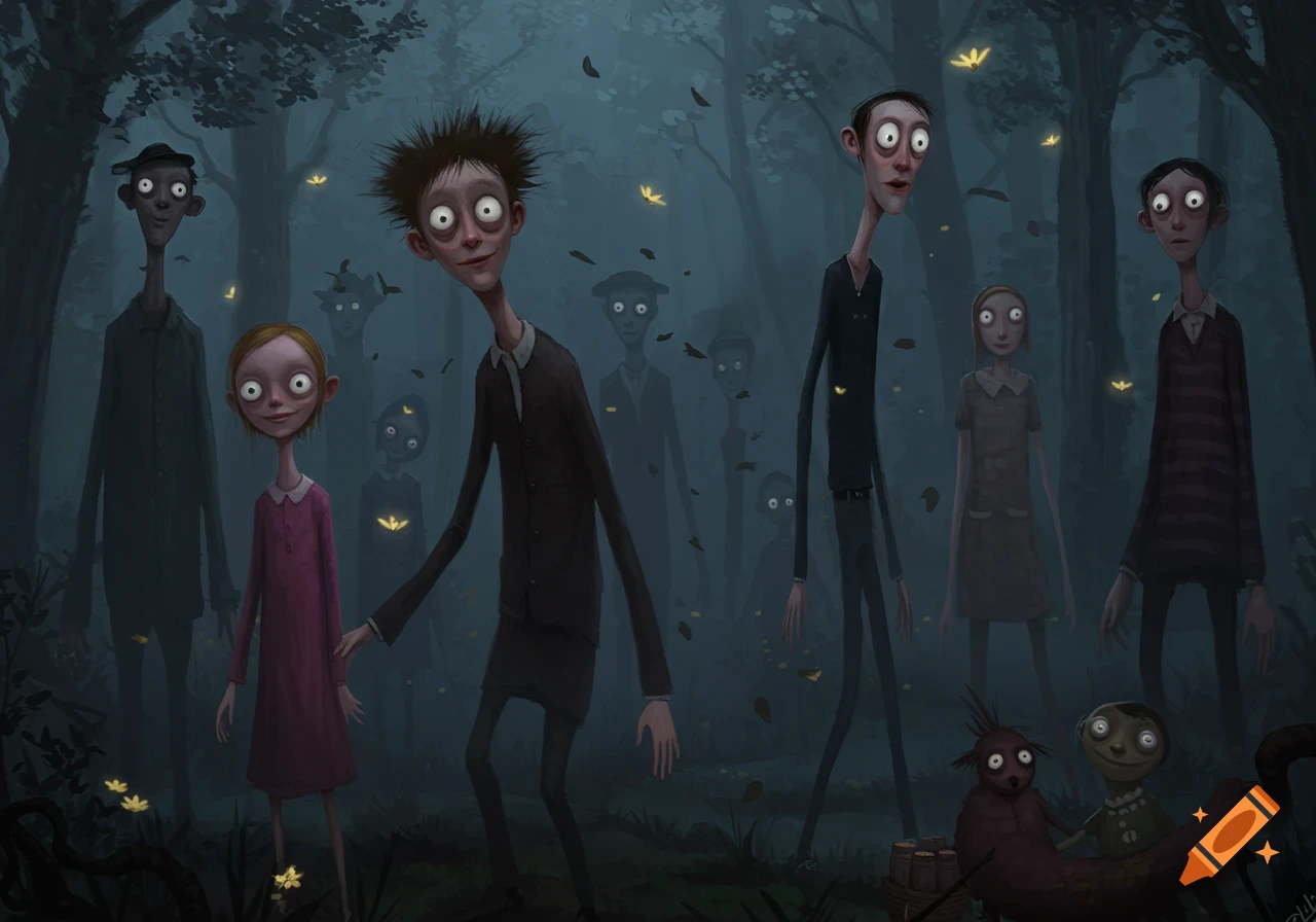 A group of stylized, gaunt, wide-eyed figures with elongated limbs stand in a dark, misty forest with glowing yellow leaves.