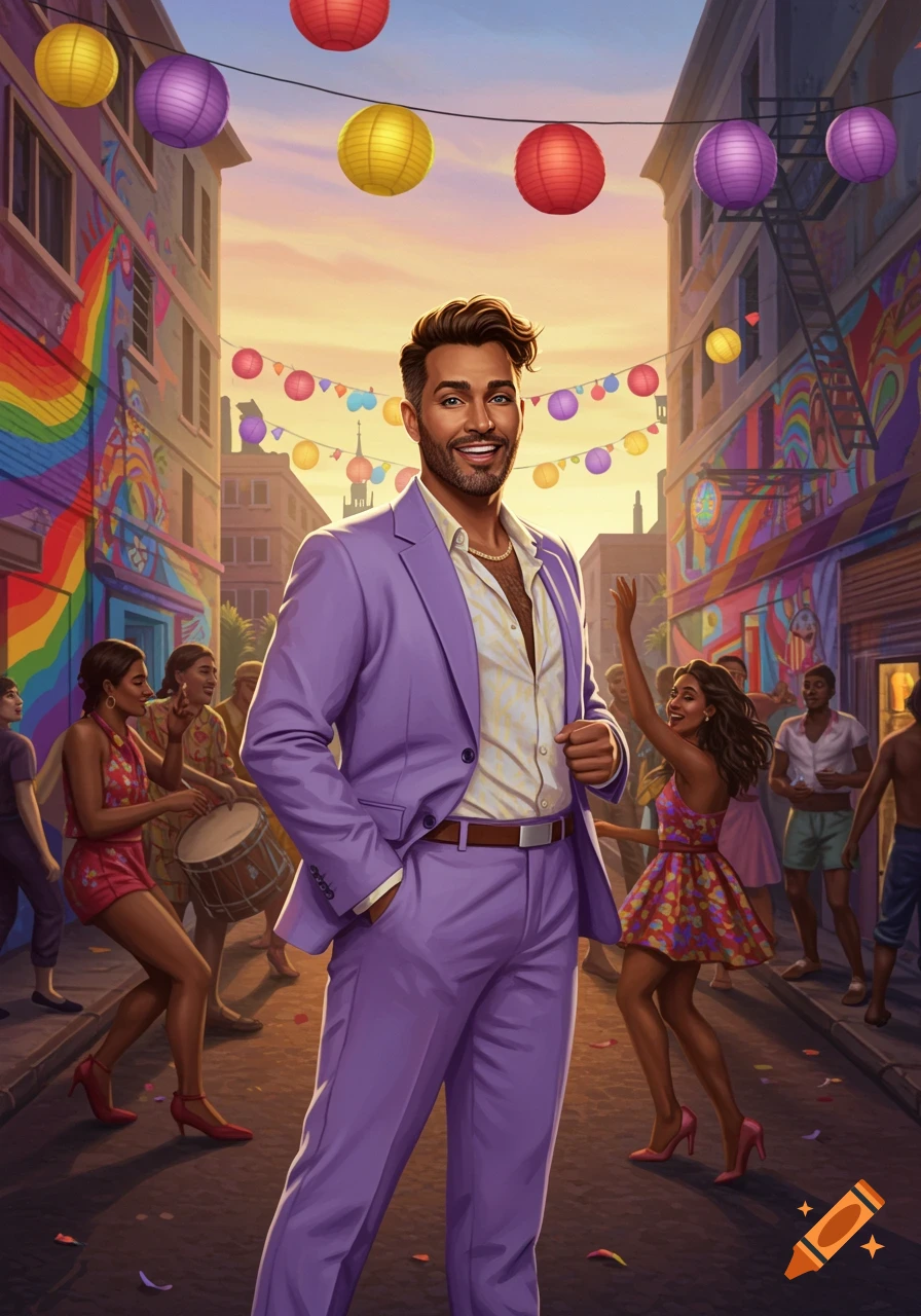 A smiling man in a purple suit stands in a vibrant, festive street with rainbow murals and lanterns, surrounded by celebrants in an illustration.
