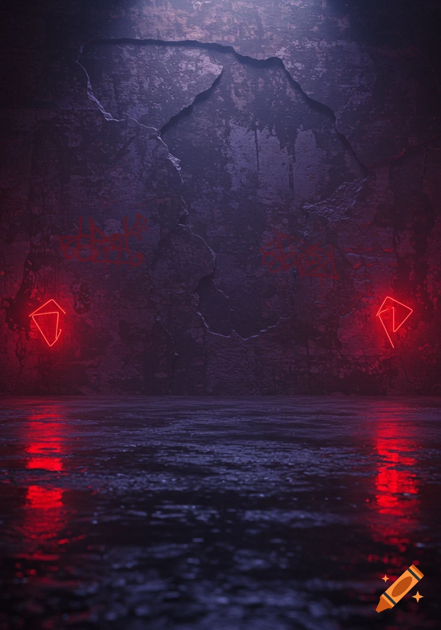 Dark, moody urban background with a reflective, wet concrete floor and a cracked, textured wall. Red neon-like lights and faint graffiti mark the scene, illuminated by a purple glow.