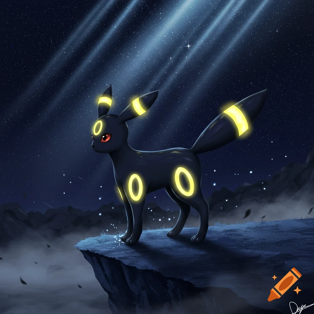 Umbreon, a black Pokemon with glowing yellow rings, stands on a cliff edge under a starry night sky with light rays.
