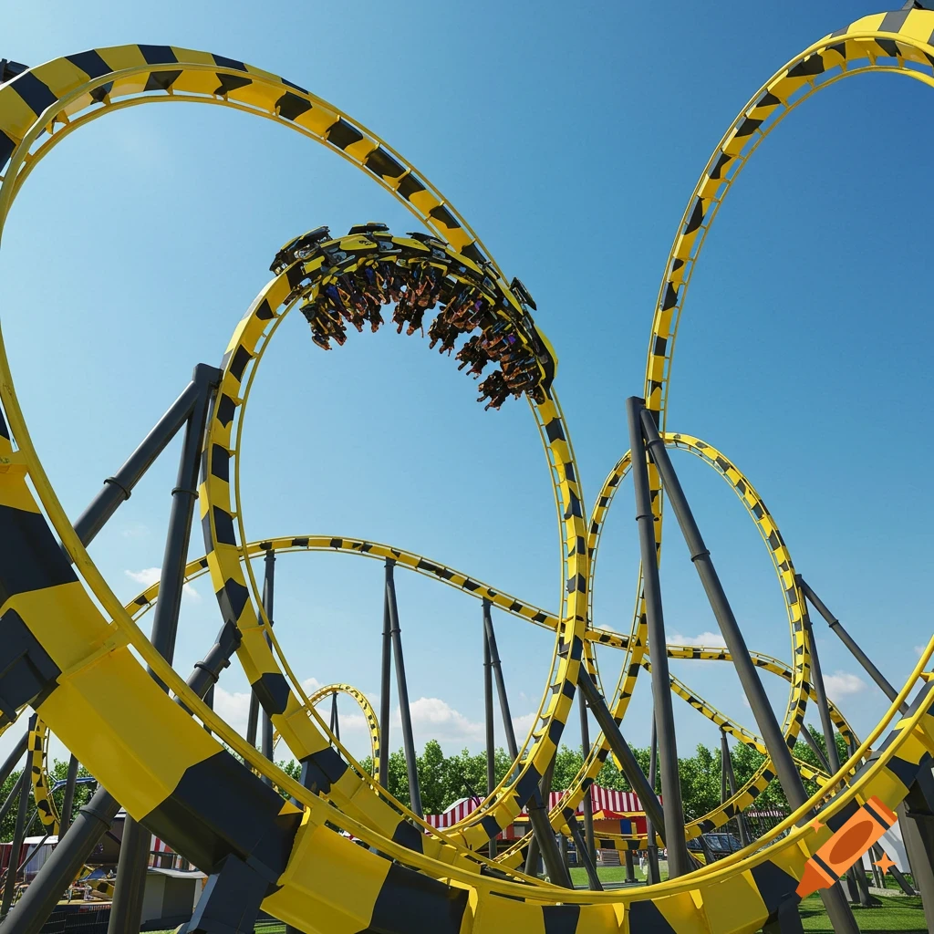 A photorealistic yellow and black rollercoaster with riders upside down through multiple inversions against a blue sky.