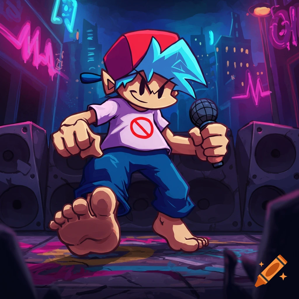 Boyfriend from Friday Night Funkin' stands barefoot on a city street, holding a microphone with neon signs and large speakers in the background. The character has four toes as requested.