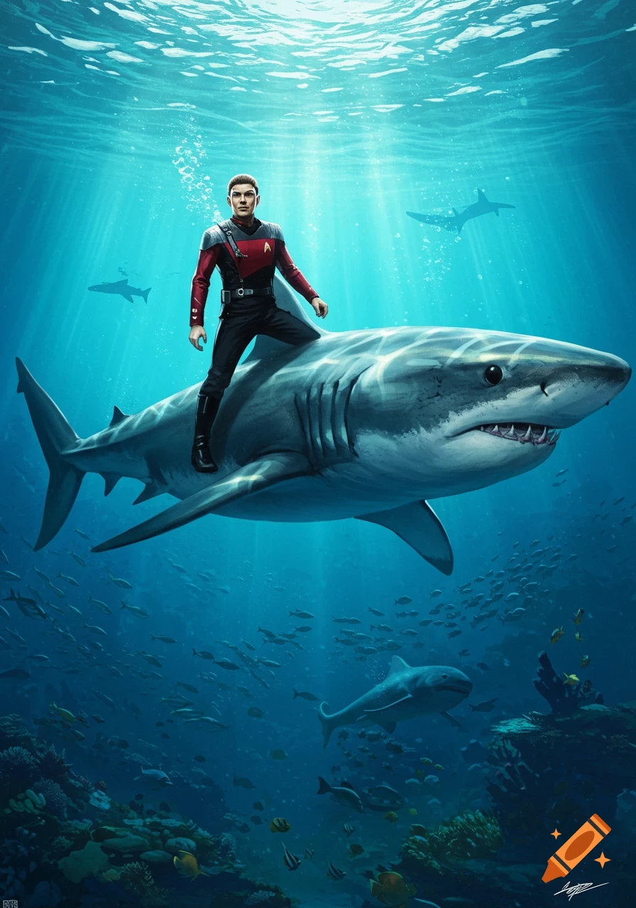 A man in a red and black Starfleet uniform rides a great white shark underwater, surrounded by fish and coral.