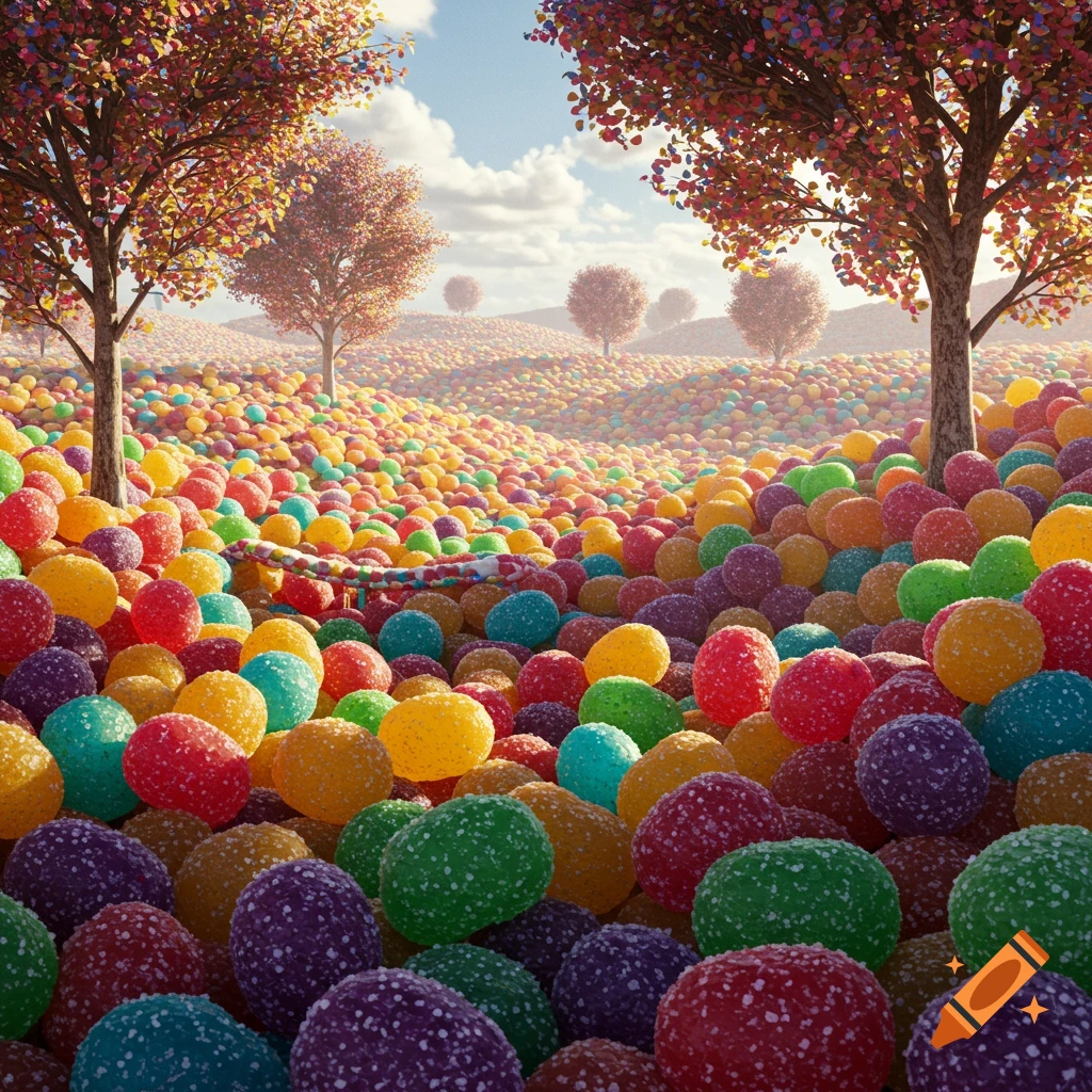A whimsical landscape of rolling hills covered entirely in colorful jellybeans, with autumn trees under a bright blue sky.