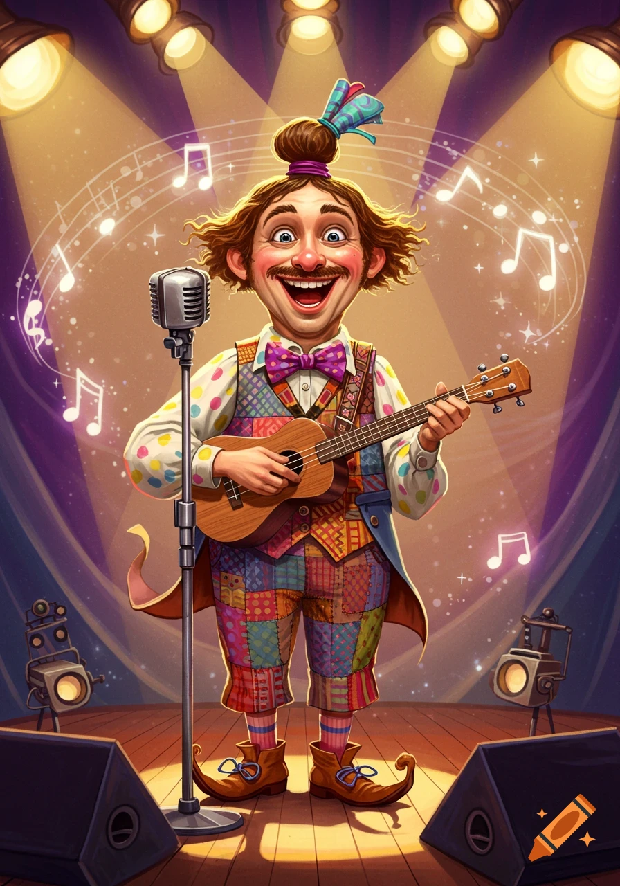 Whimsical cartoon performer in colorful patchwork suit and man bun plays ukulele on a spotlighted stage with musical notes.