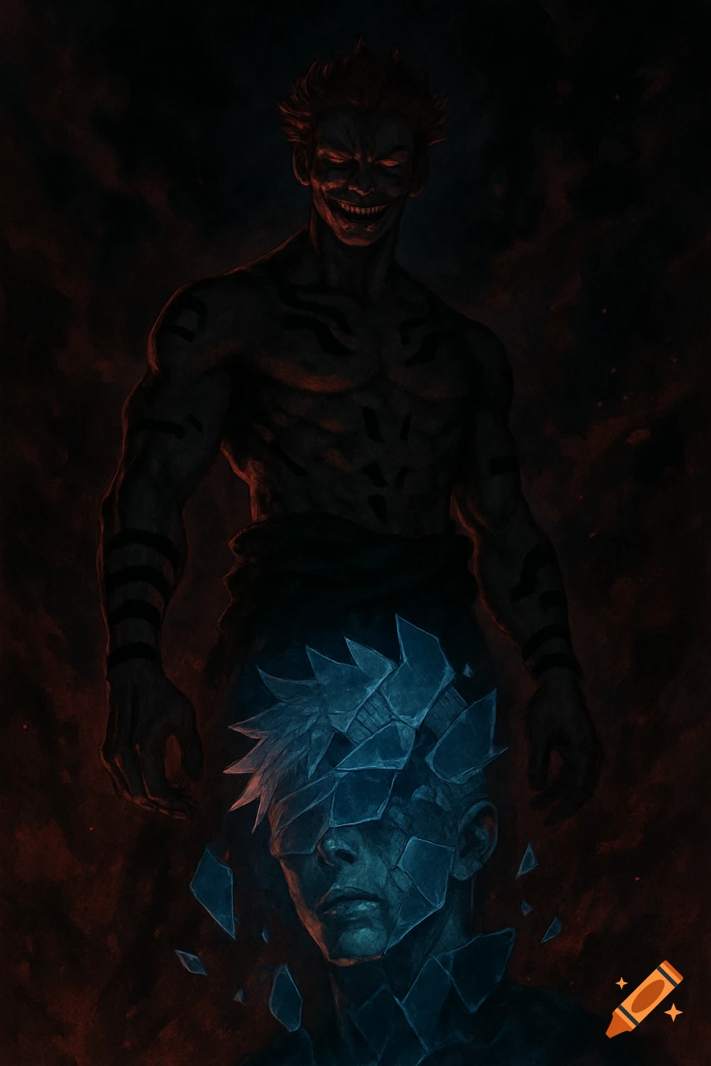 Menacing, tattooed figure with red eyes and a wide grin looms over a shattered head, against a dark, fiery background.