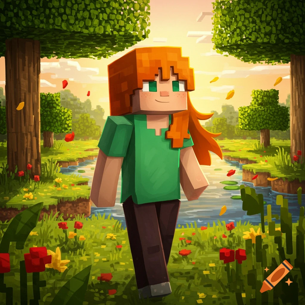 Minecraft character Alex walks through a sunny, blocky landscape with trees, flowers, and a river.