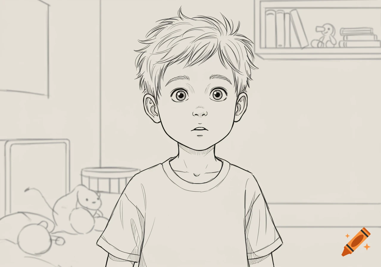 Line drawing of a young boy with messy hair and wide eyes, looking surprised, against a lightly sketched background of a room with a bookshelf.
