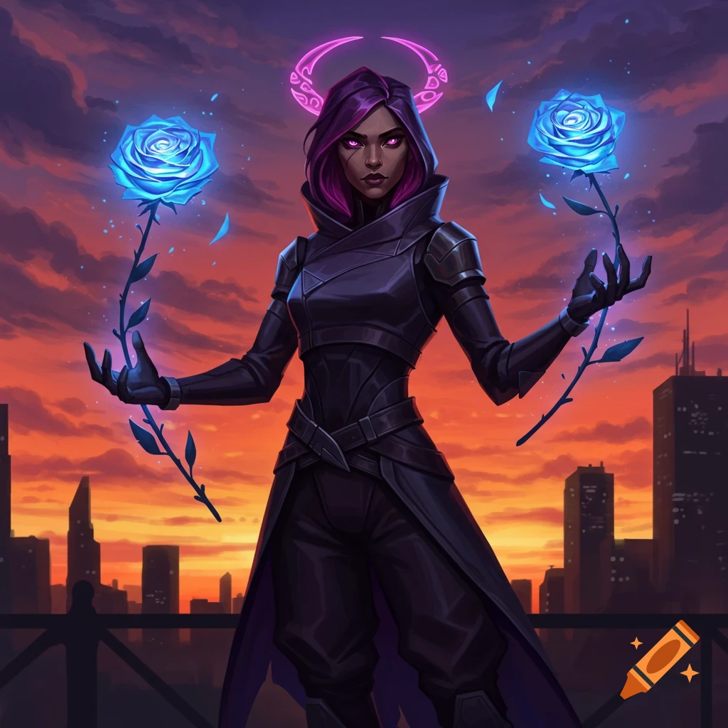 Stylized illustration of a dark-skinned woman with purple hair, glowing eyes, in a hooded outfit, holding two glowing blue roses at sunset over a cityscape.