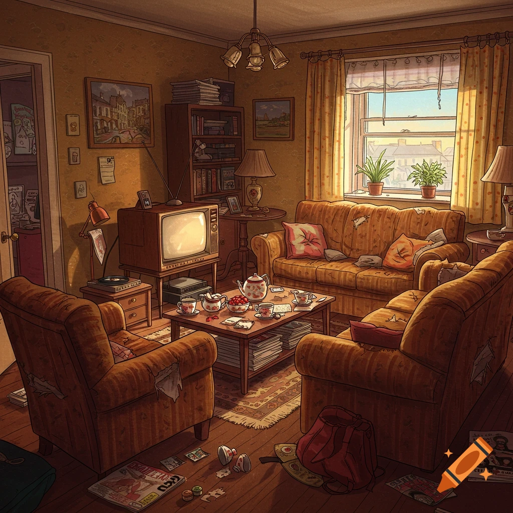 An illustrated, cluttered vintage living room with an old TV, worn furniture, a coffee table with tea, and a window letting in sunlight.