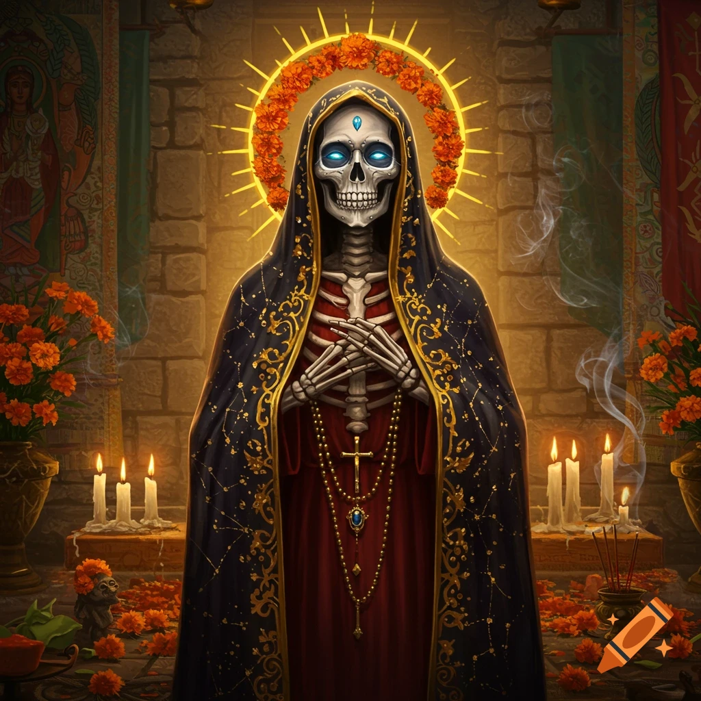 Skeletal figure resembling Santa Muerte in a dark, patterned cloak, with glowing blue eyes and a marigold halo, in a candlelit shrine.