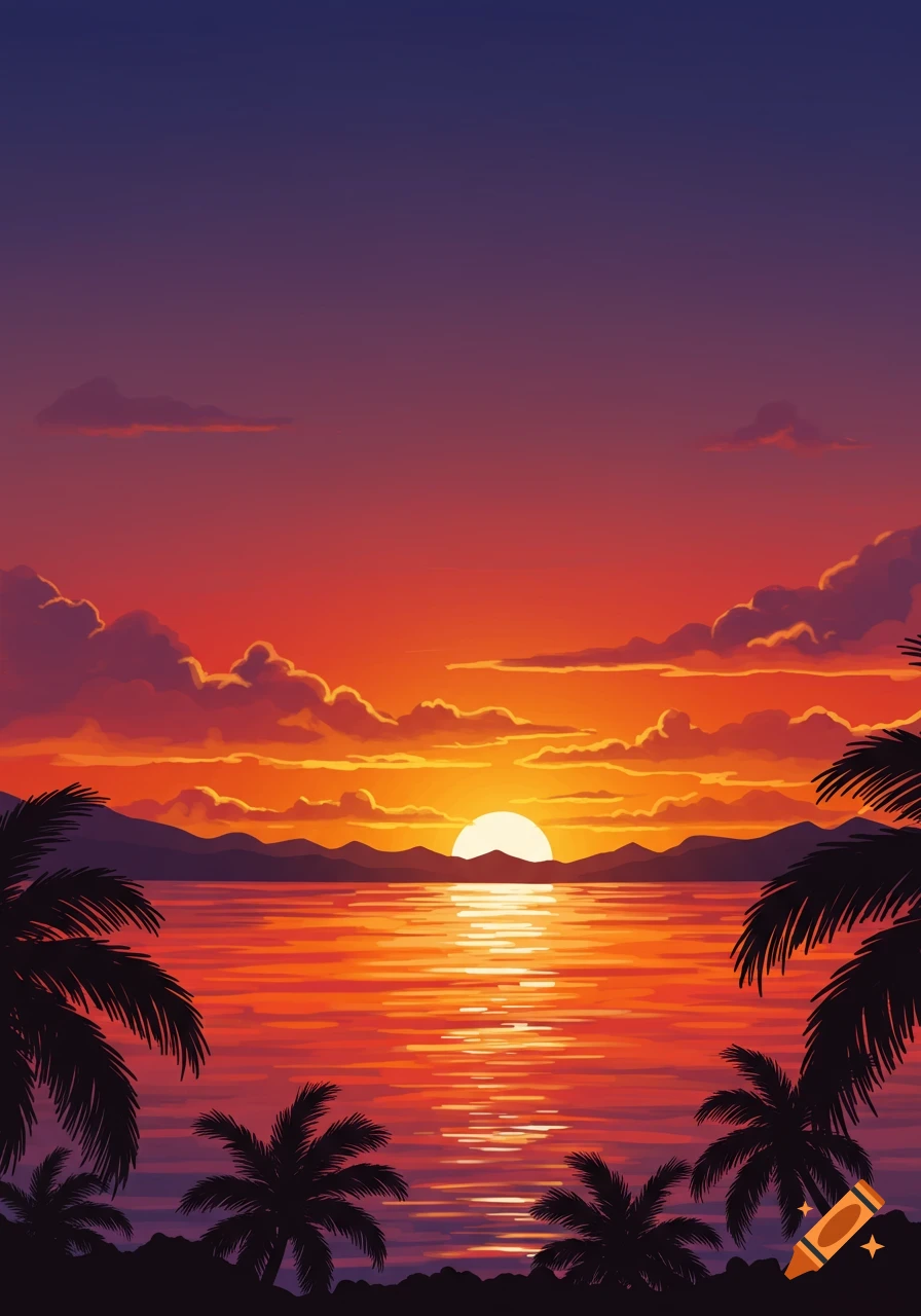 Stylized illustration of a vibrant tropical sunset over water, with silhouetted palm trees and mountains in the distance.