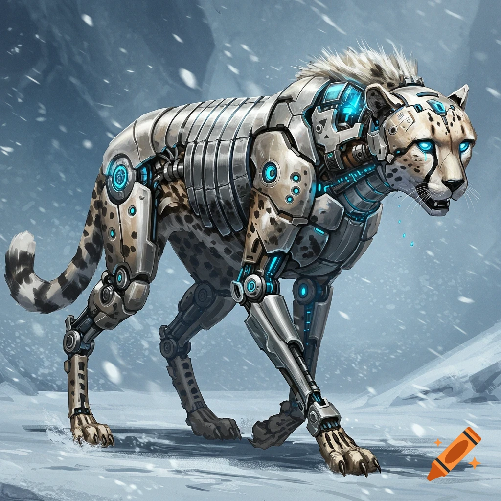 A detailed sci-fi illustration of a walking cyborg cheetah with glowing blue lights on its mechanical body in a snowy landscape.