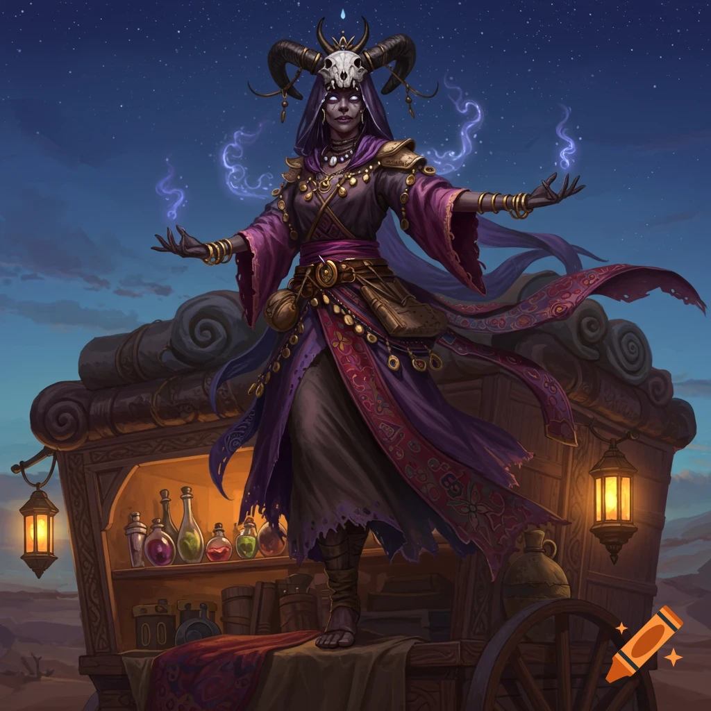 A fantasy witch-doctor woman with ram horns and a skull, in purple robes, stands on a merchant wagon at night.