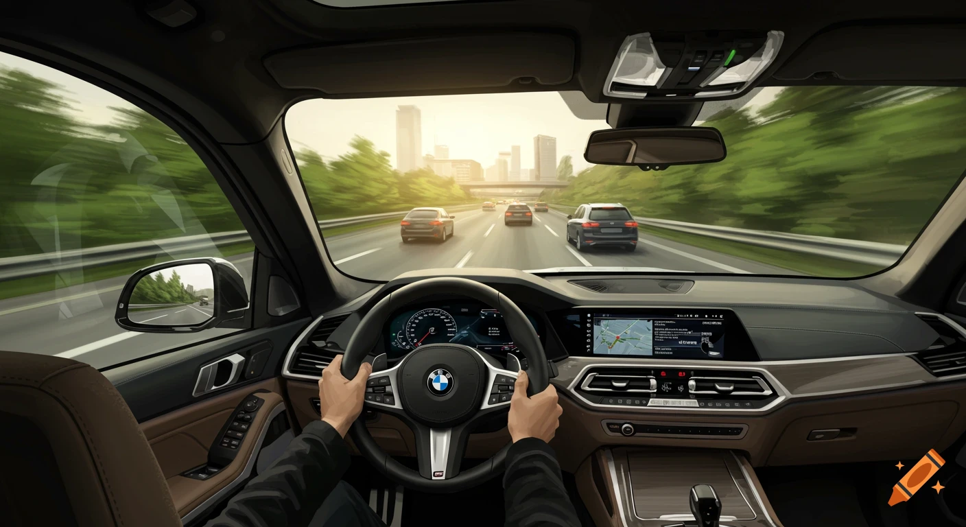 A driver's view from inside a BMW, traveling on a highway with other cars, toward a city skyline at sunset. Digital art.