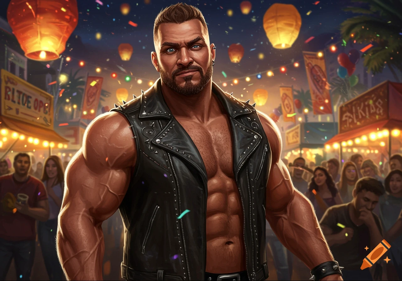 A muscular man with a beard and intense blue eyes, wearing an open black studded leather vest, stands in a festive night market with lanterns and confetti.