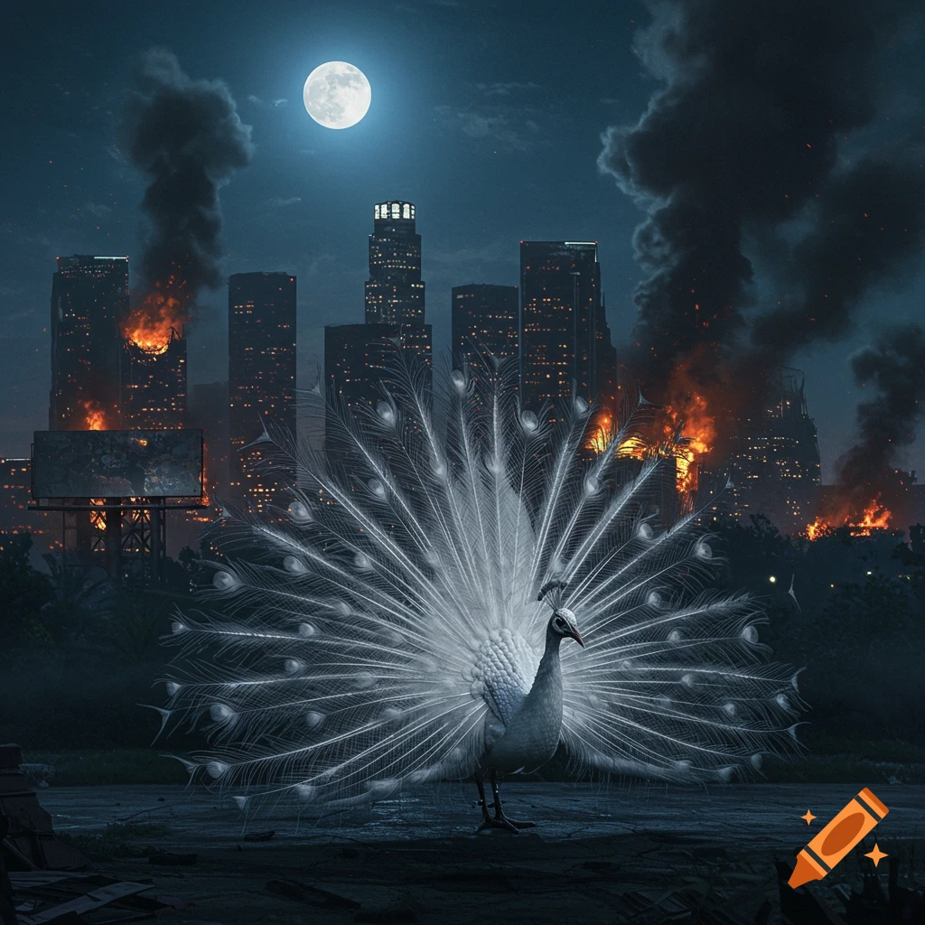 A majestic white peacock stands with fanned tail feathers in front of a burning, ruined city skyline under a bright full moon at night.