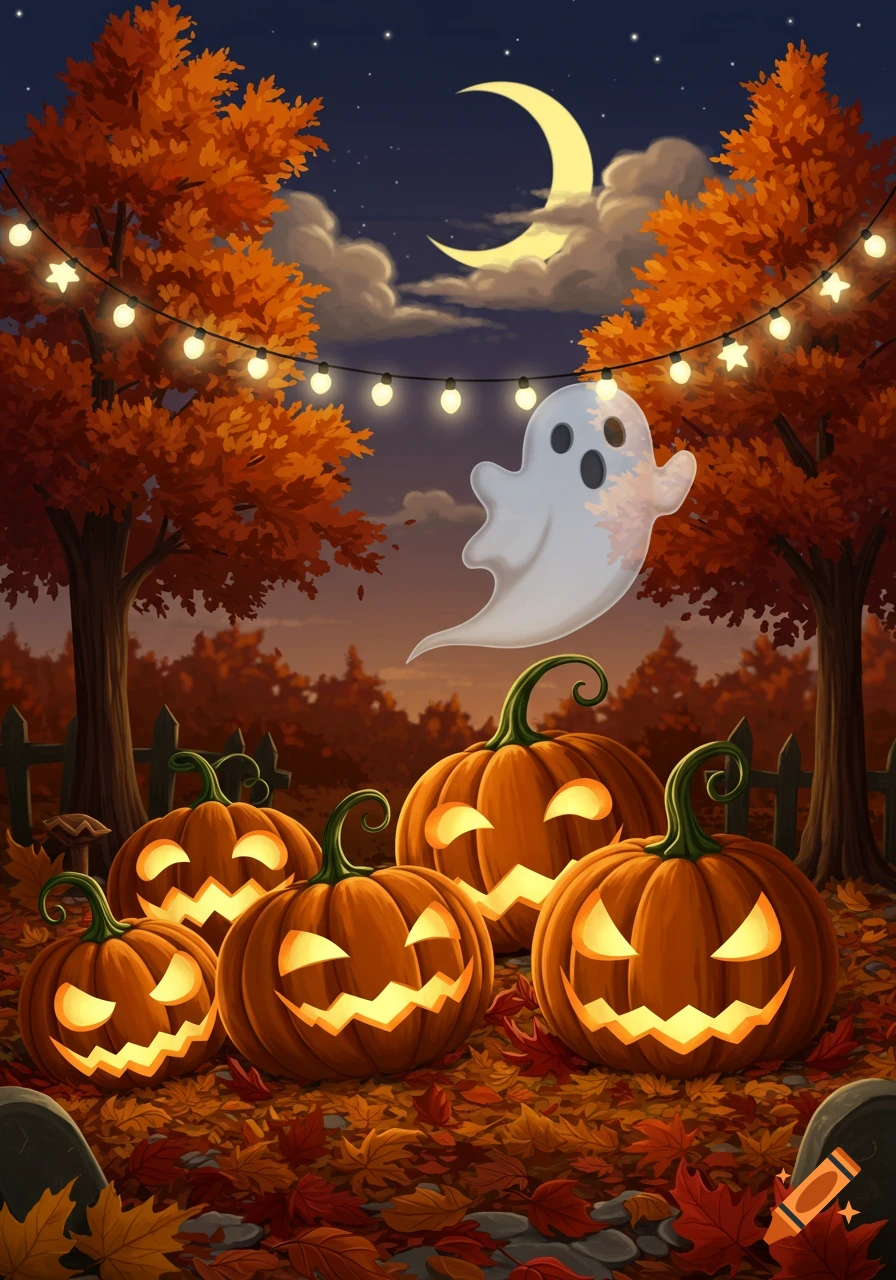 A cartoon ghost floats above five glowing jack-o'-lanterns amidst autumn leaves and trees with string lights under a crescent moon at night.