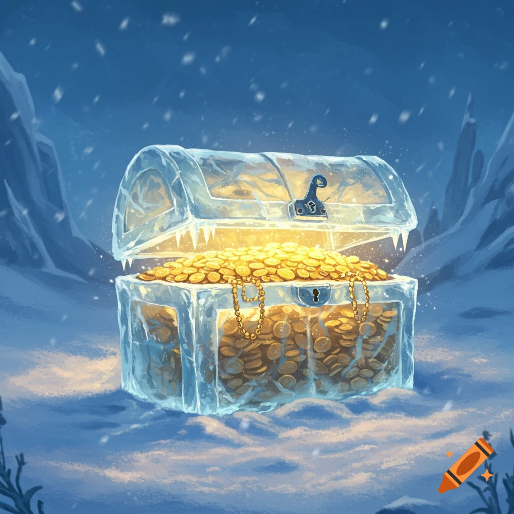 A sparkling ice treasure chest overflowing with glimmering gold coins and a gold chain, set in a snowy, icy landscape under falling snow.