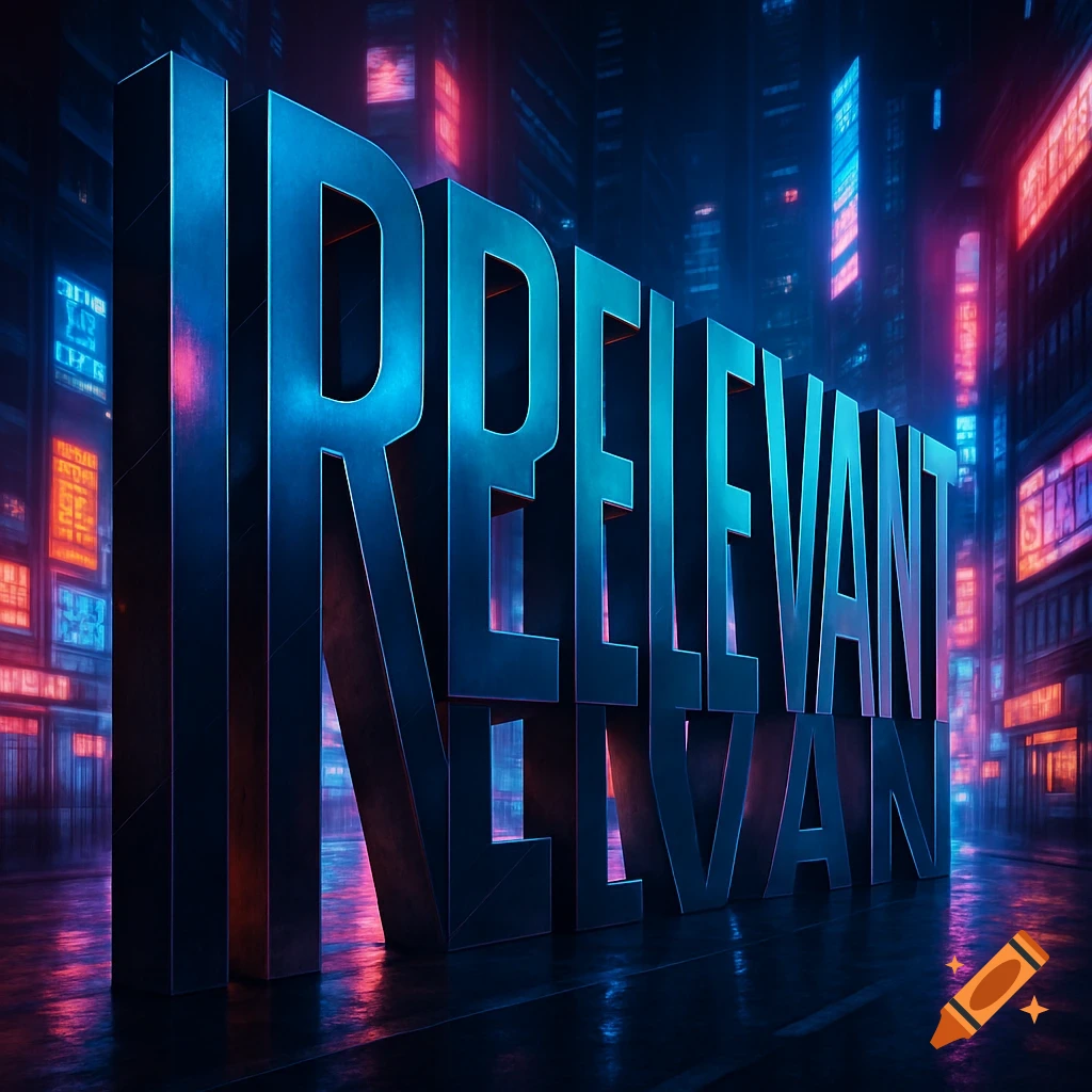 Huge 3D letters spelling 'IRRELEVANT' in a neon-lit cyberpunk city at night.