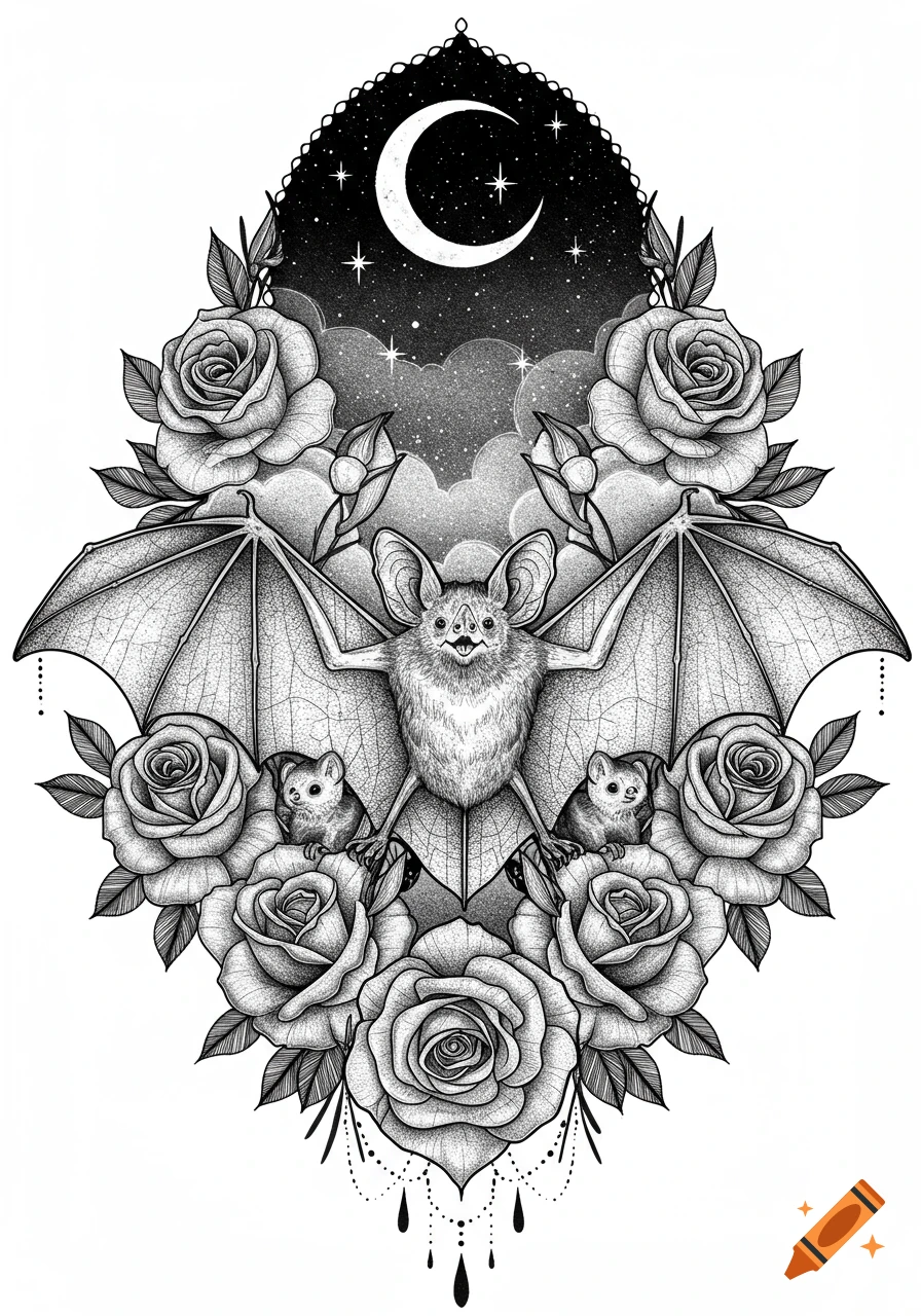 Black and white tattoo design featuring a bat with four baby bats, surrounded by roses, a crescent moon, and stars.