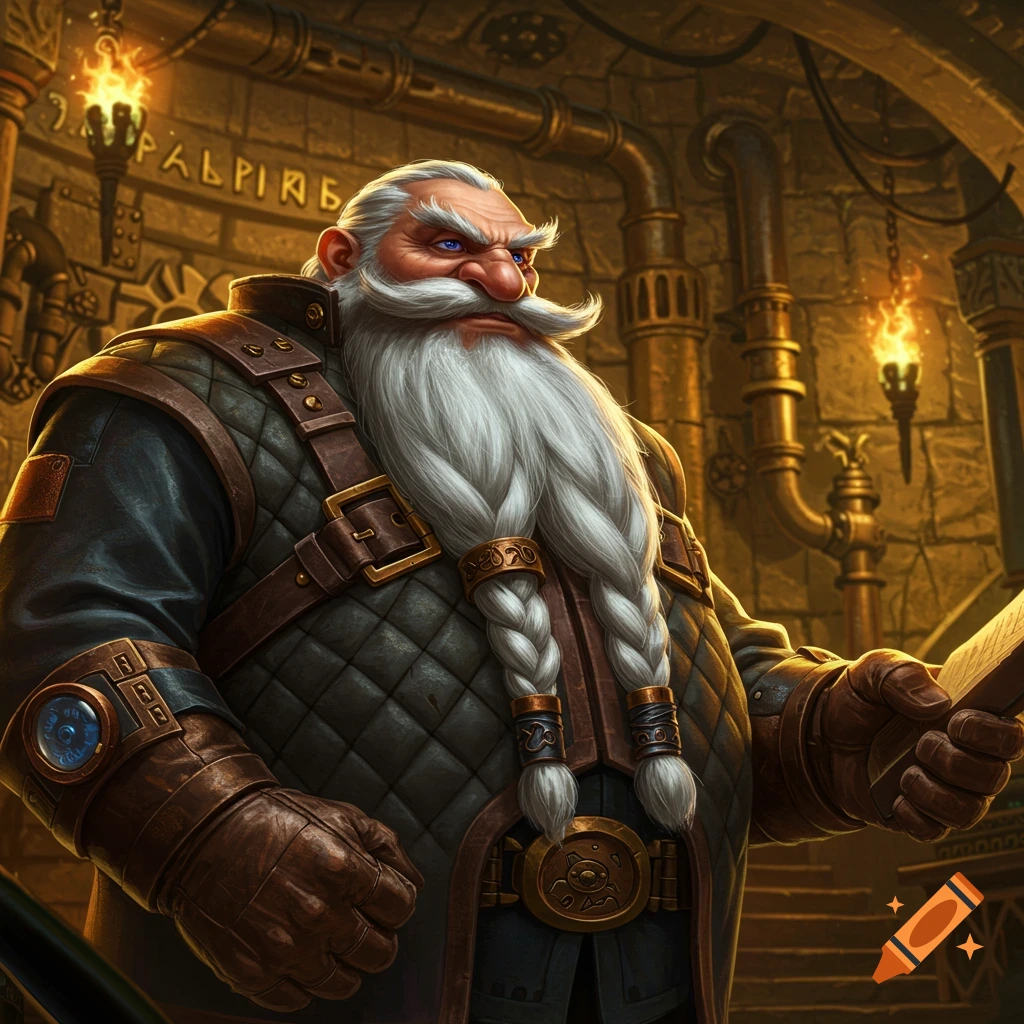 A stern dwarf with a long, braided white beard and blue eyes, wearing a quilted jacket and leather armor, stands in a pipe-filled stone room.
