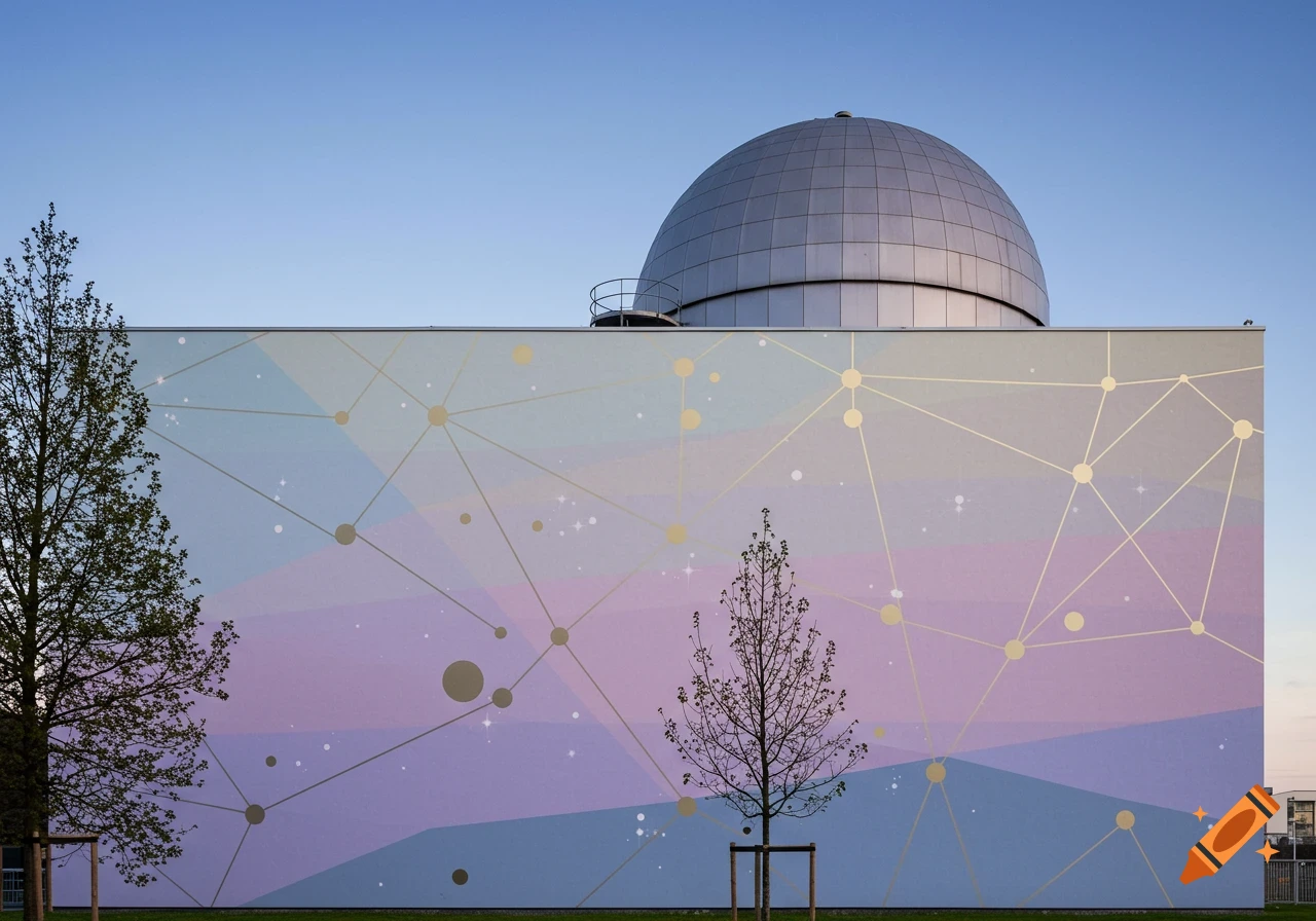 Modern planetarium with a silver dome and a vibrant facade mural depicting geometric patterns and golden constellations, framed by two trees.