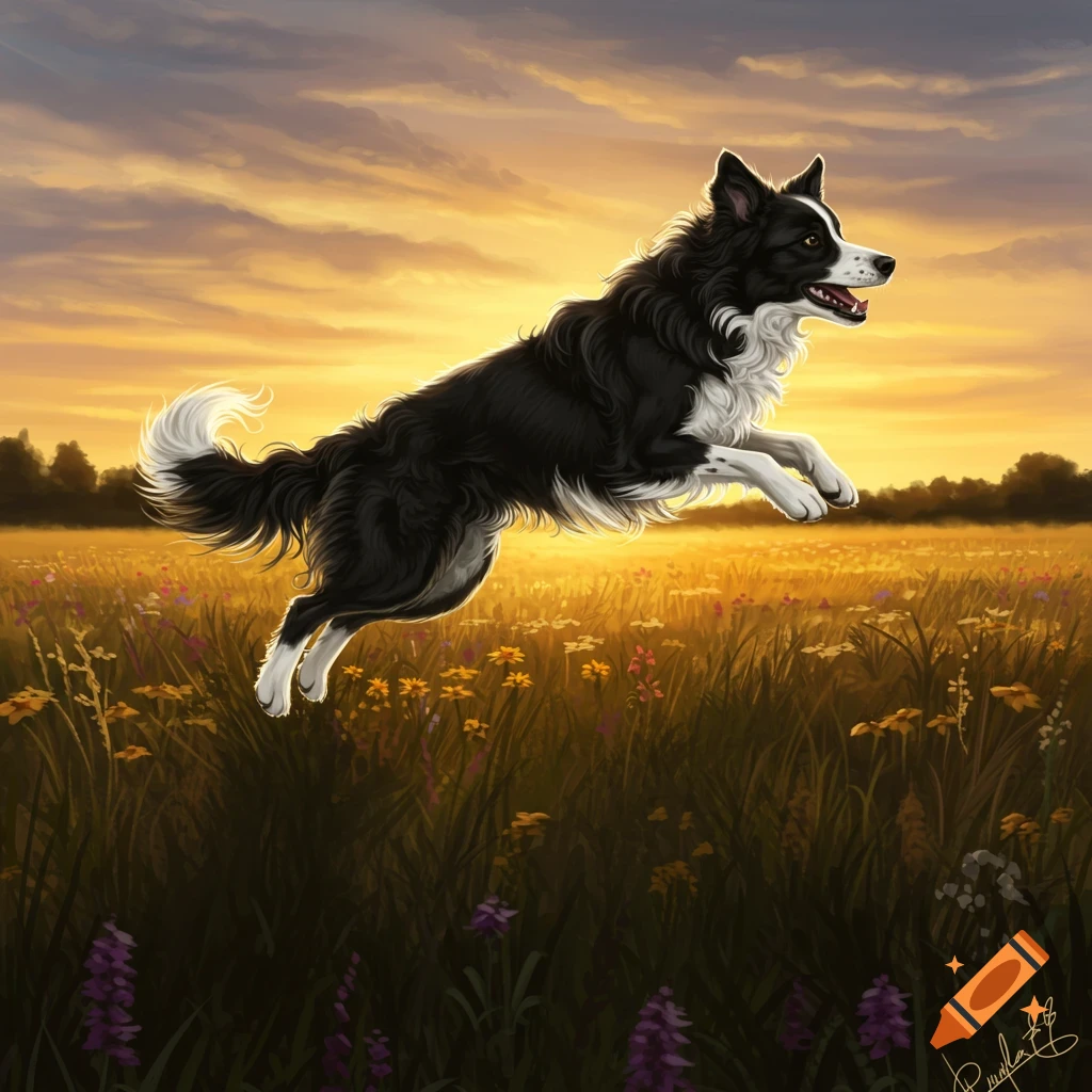 A black and white Border Collie dog jumps gracefully through a sunlit field of wildflowers at sunset in an illustrative style.