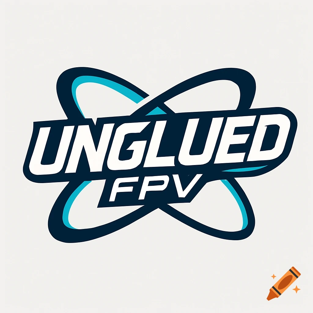A vector logo with 'UNGLUED FPV' in white, dark blue, and light blue, featuring a stylized atom-like design.