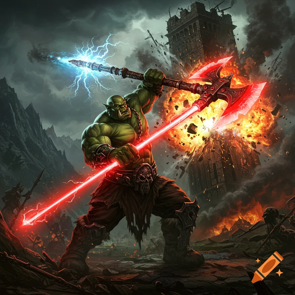 A muscular green orc barbarian swings a red laser axe, while holding a lightning spear, against a backdrop of an exploding tower and mountains.