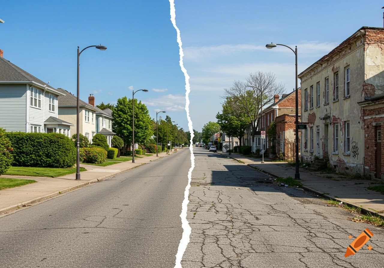A street split by a jagged tear. The left side shows a well-maintained neighborhood with green lawns, while the right side shows a dilapidated street with crumbling buildings and cracked pavement.