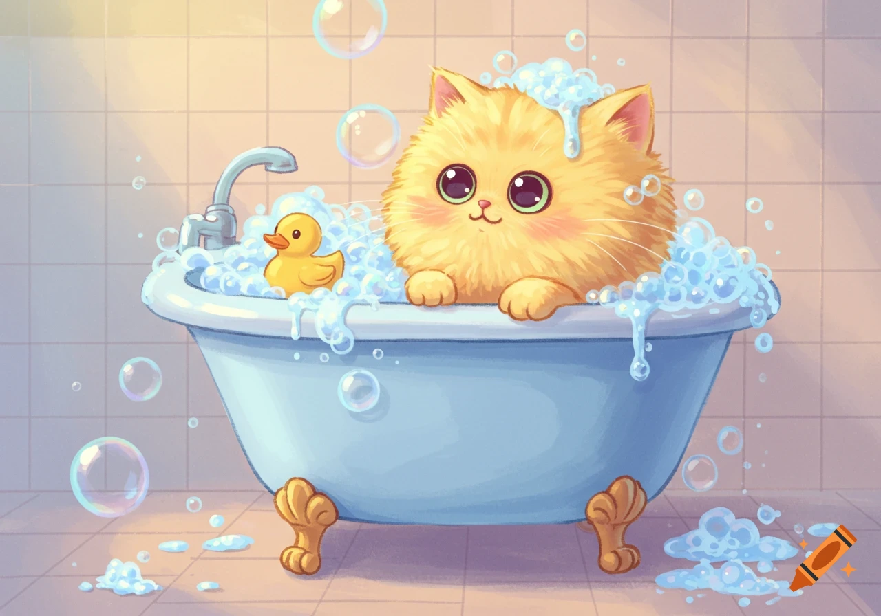 Fluffy yellow cartoon cat in a blue bathtub with a rubber duck and bubbles.