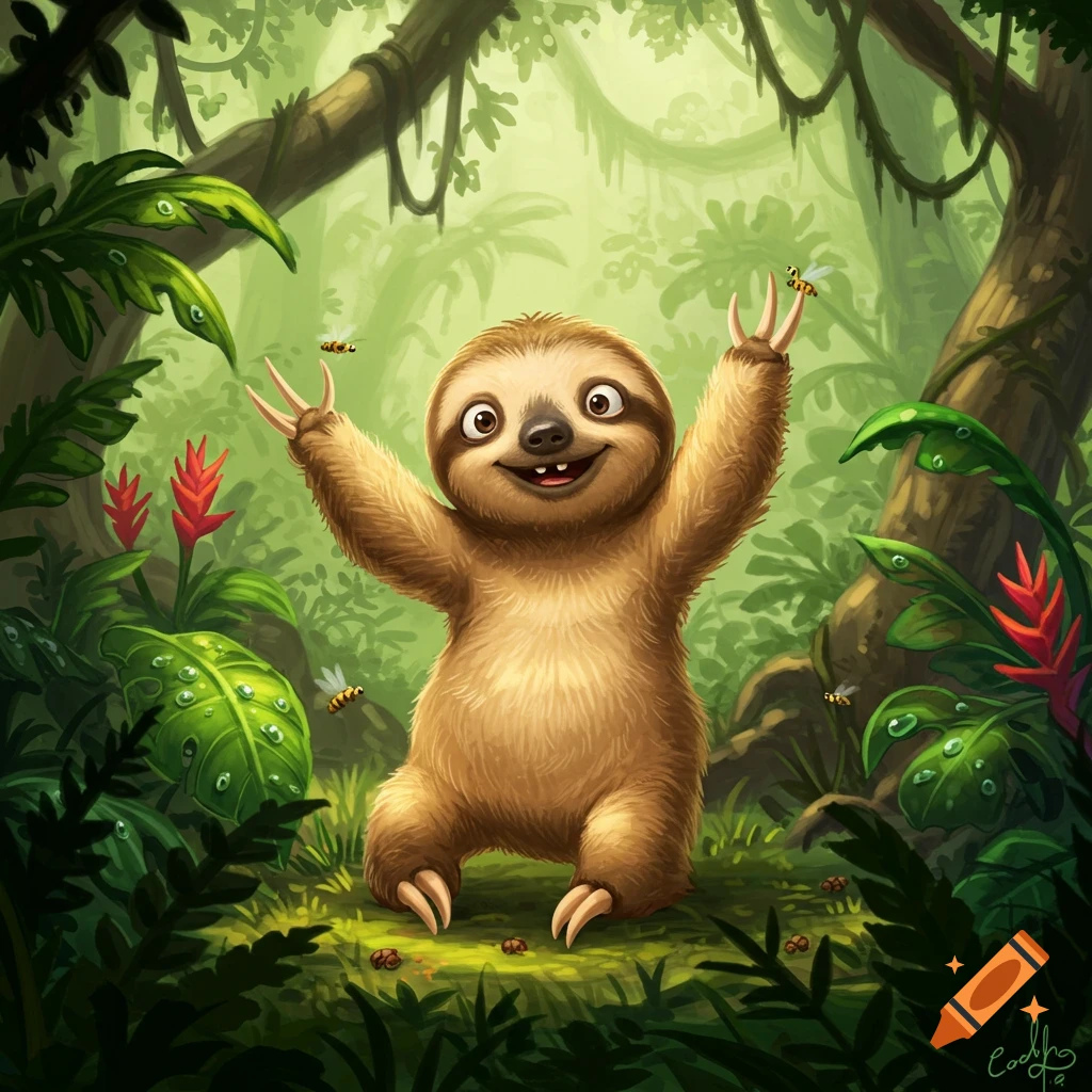 A happy cartoon baby sloth with its arms raised, standing in a lush, bright green jungle with small flying insects.