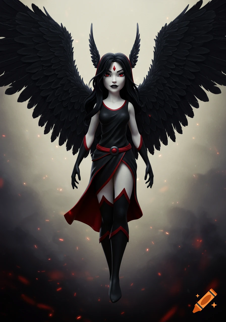 A 3D cartoon style dark angel girl with black wings, red eyes, and a black and red outfit stands against a smoky background.