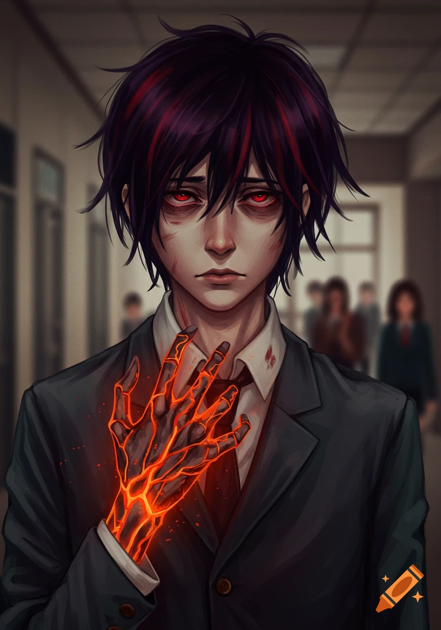 Anime boy with red eyes, messy dark hair with red streaks, wearing a suit, holding up a glowing, fiery hand in a school hallway.