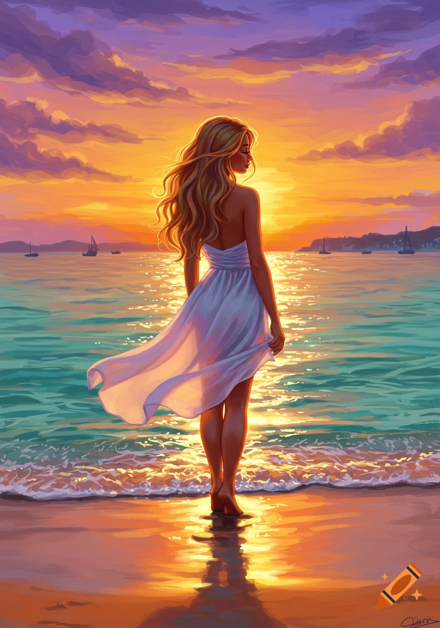 Illustrated woman in a white dress stands on a beach, gazing at a vibrant orange and purple sunset over the sea with distant boats.