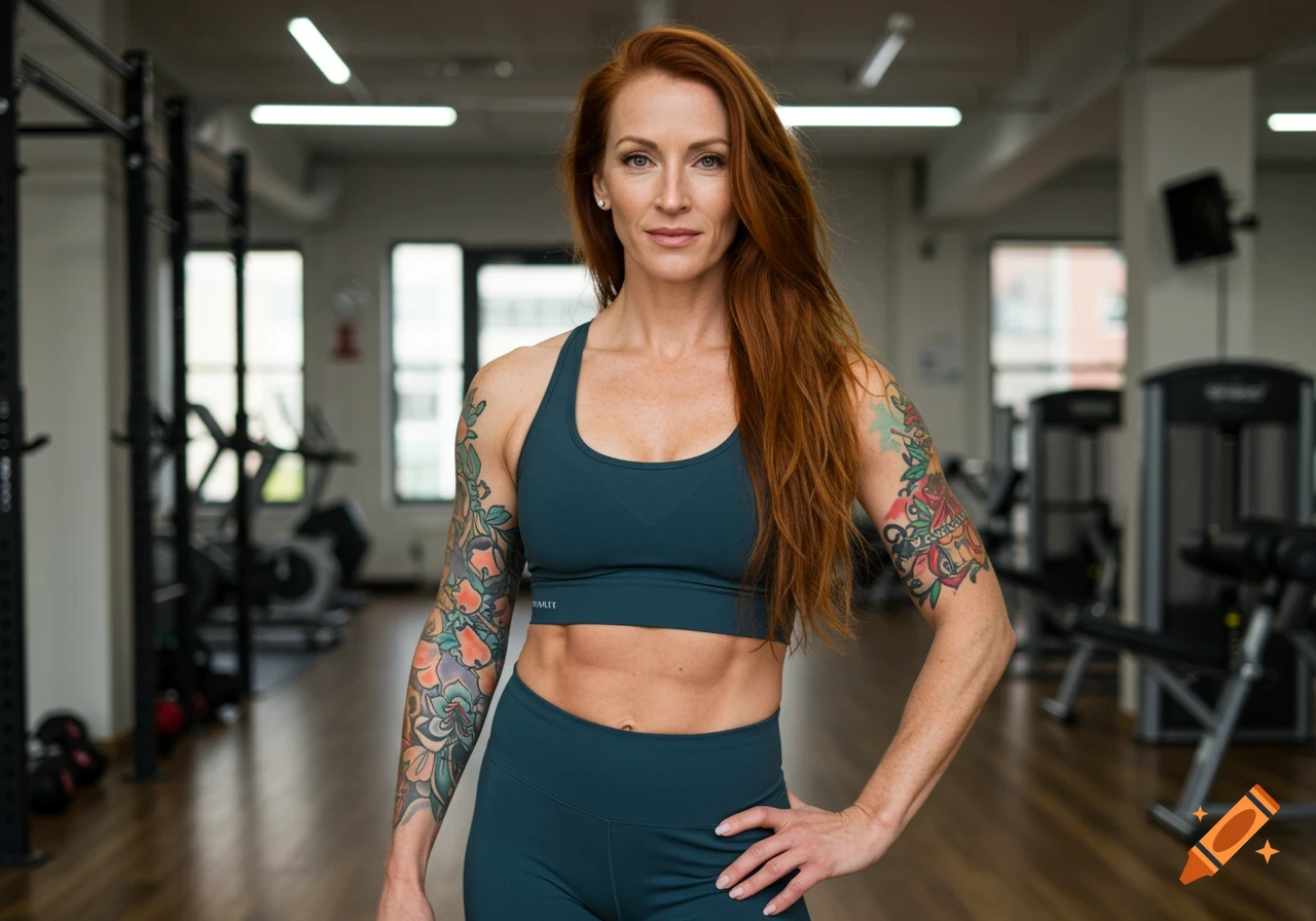 Fit woman with long red hair and full arm tattoos in dark teal sports bra and leggings, standing in a modern gym.