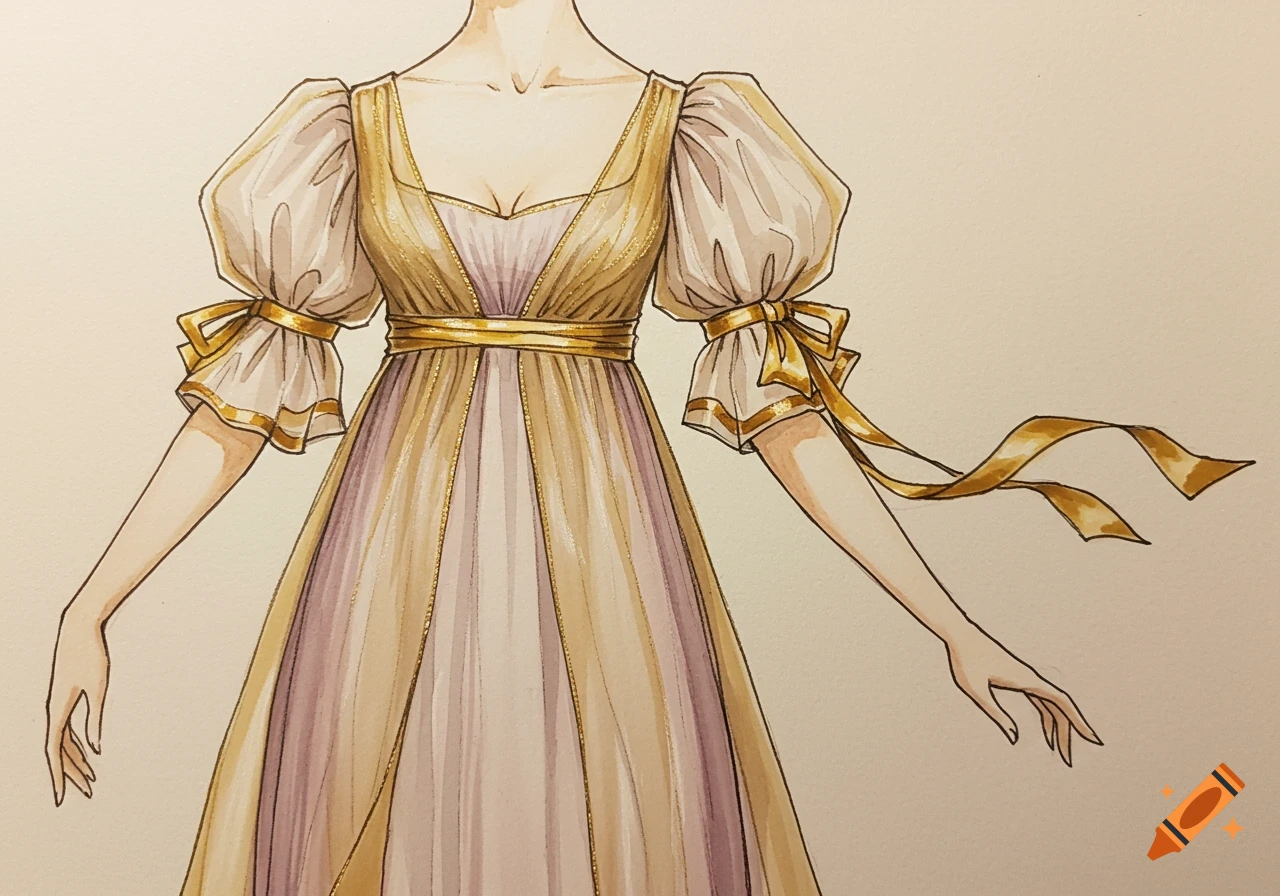 Fashion sketch of a Regency-era empire waist dress in gold and pastel with puff sleeves and ribbons.