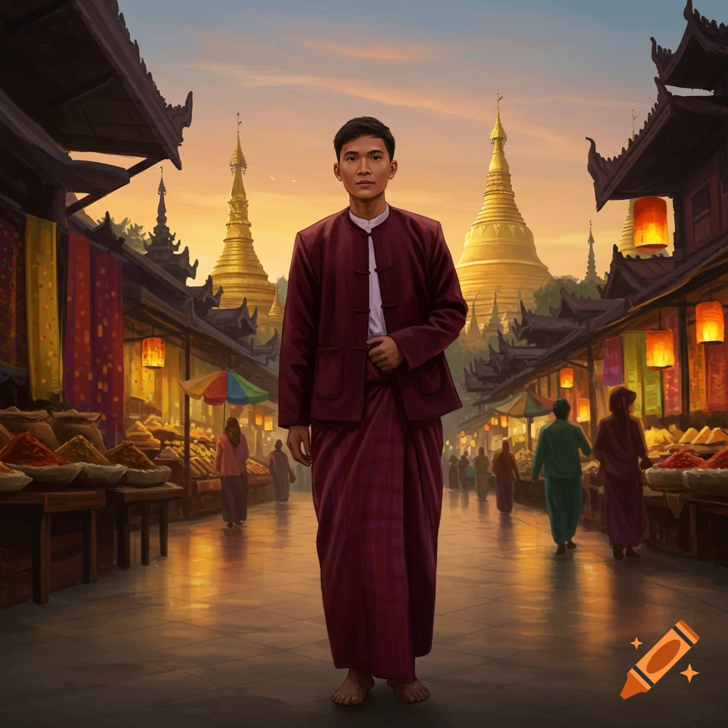 A man in traditional Burmese attire stands in a bustling market street at sunset, with golden pagodas in the background.