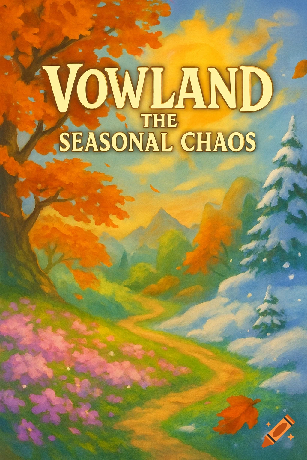 A vibrant, painterly children's book cover titled 'VOWLAND THE SEASONAL CHAOS,' showing a magical landscape blending autumn, spring flowers, and winter snow.