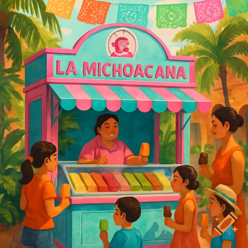 A colorful illustration of a 'La Michoacana' ice cream stand. A vendor serves paletas to children and adults under festive flags.