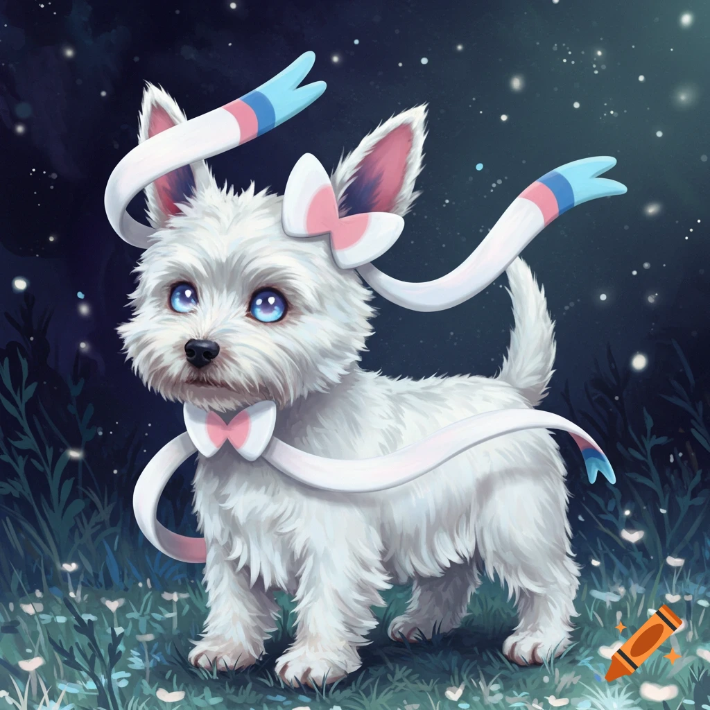 A cute white Westie-Sylveon fusion dog with blue eyes and pink bows stands in a magical, sparkling night forest, digital art.